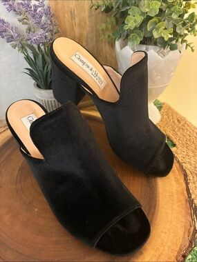 Giampaolo Viozzi, Velvet Black Leather Open-Toe Block Heel Mules